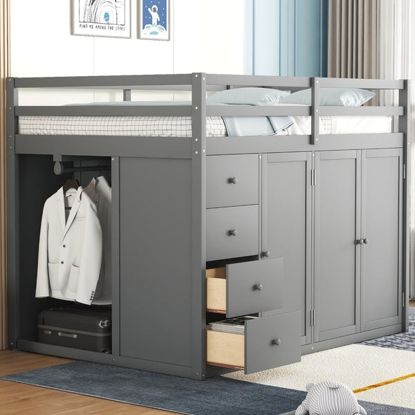 English Elm Full Size Pinewood Loft Bed with Wardrobe Staircase Storage and Open Shelving White LT000524AAE-1