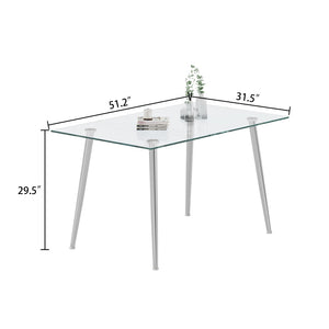 English Elm 0.32" Tempered Glass Rectangular Dining Table with Polished Steel Legs Seats Four W1311S00315