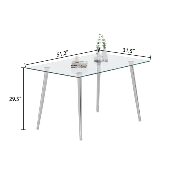 English Elm 0.32" Tempered Glass Rectangular Dining Table with Polished Steel Legs Seats Four W1311S00315