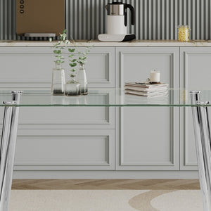 English Elm 0.32" Tempered Glass Rectangular Dining Table with Polished Steel Legs Seats Four W1311S00315