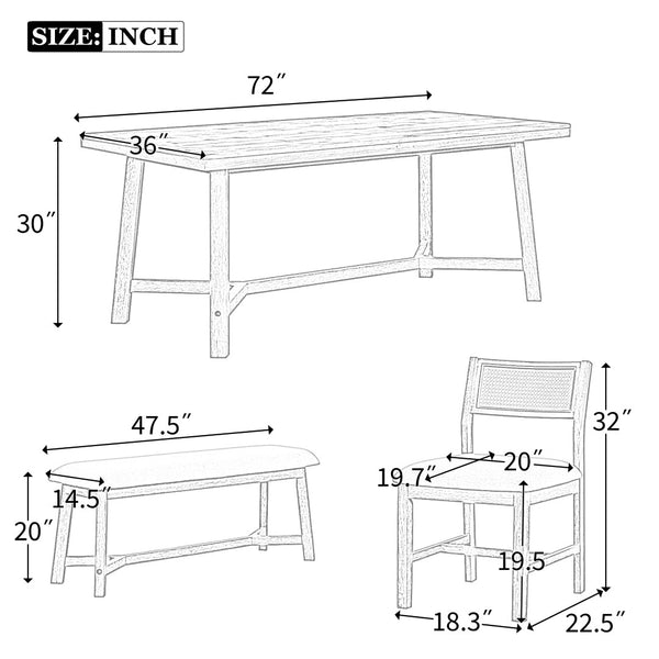 English Elm Trexm Six Seat Farmhouse Dining Set Oak Veneer Table Rattan Chairs Bench Included ST000119AAD