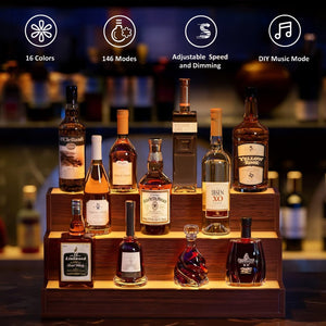 English Elm Led Illuminated Liquor Bottle Display Shelf 3 Tier Freestanding Bar Accent with App Control Walnut W2178P163149