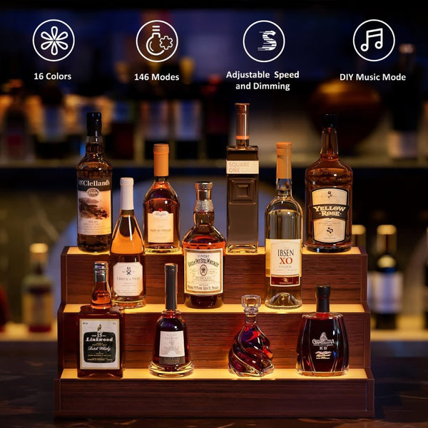 English Elm Led Illuminated Liquor Bottle Display Shelf 3 Tier Freestanding Bar Accent with App Control Walnut W2178P163149