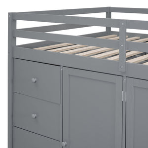 English Elm Full Size Pinewood Loft Bed with Wardrobe Staircase Storage and Open Shelving White Gray LT000524AAE