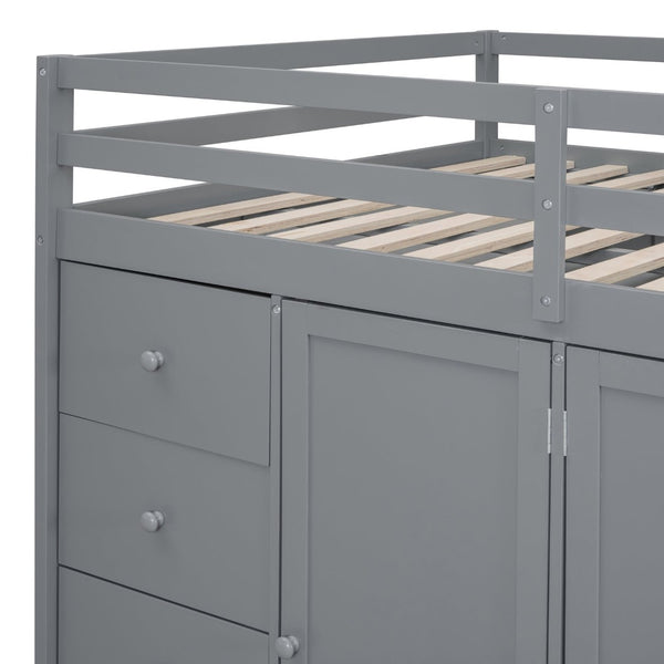 English Elm Full Size Pinewood Loft Bed with Wardrobe Staircase Storage and Open Shelving White Gray LT000524AAE