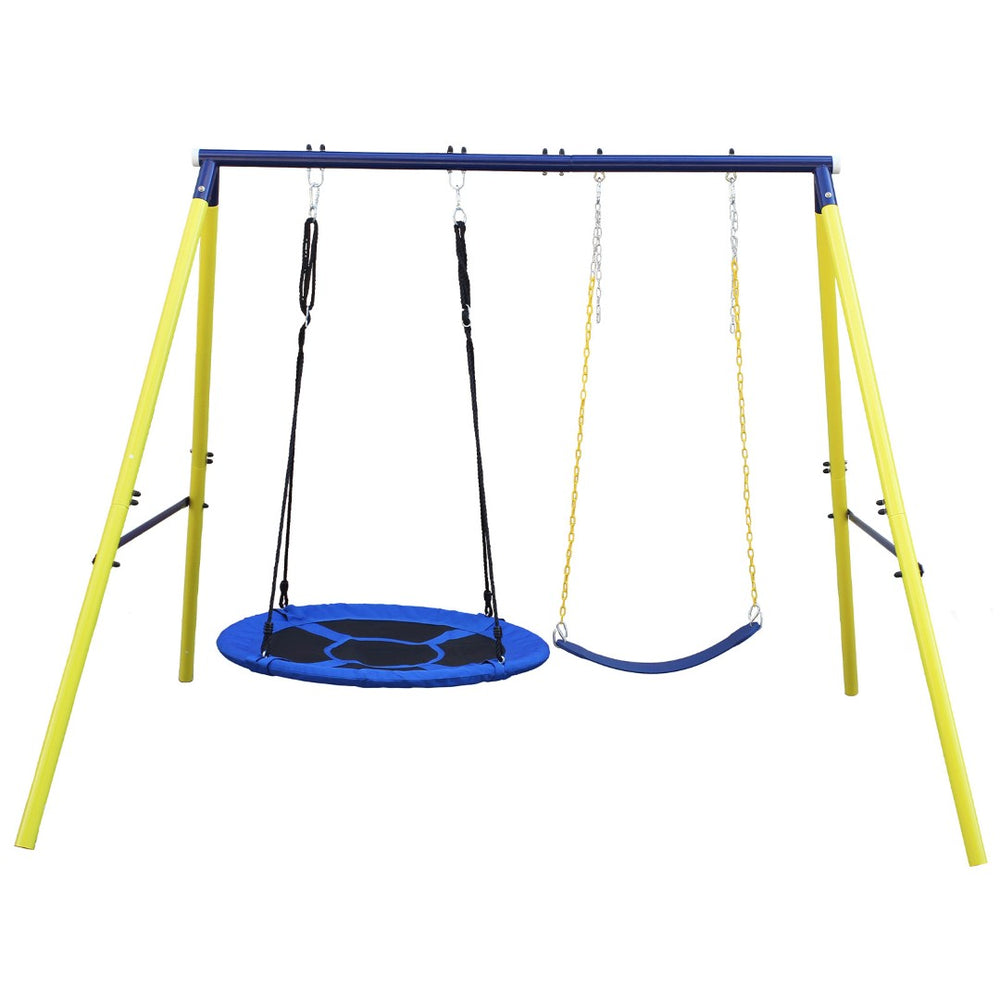 English Elm 2 in 1 Kids Outdoor Steel A-frame Backyard Swing Set with Saucer and Belt Seats W1408P163242