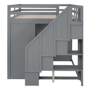 English Elm Full Size Pinewood Loft Bed with Wardrobe Staircase Storage and Open Shelving White Gray LT000524AAE