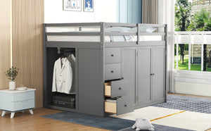 English Elm Full Size Pinewood Loft Bed with Wardrobe Staircase Storage and Open Shelving White Gray LT000524AAE