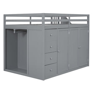 English Elm Full Size Pinewood Loft Bed with Wardrobe Staircase Storage and Open Shelving White LT000524AAE-1