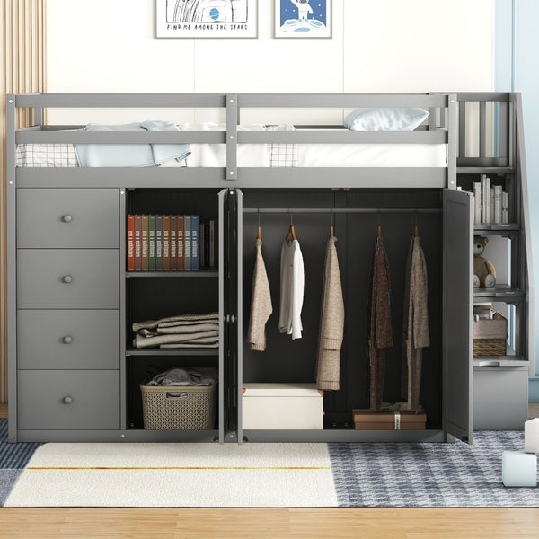 English Elm Full Size Pinewood Loft Bed with Wardrobe Staircase Storage and Open Shelving White LT000524AAE-1