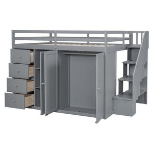 English Elm Full Size Pinewood Loft Bed with Wardrobe Staircase Storage and Open Shelving White LT000524AAE-1