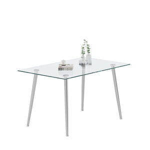 English Elm 0.32" Tempered Glass Rectangular Dining Table with Polished Steel Legs Seats Four W1311S00315