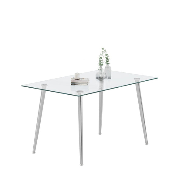 English Elm 0.32" Tempered Glass Rectangular Dining Table with Polished Steel Legs Seats Four W1311S00315
