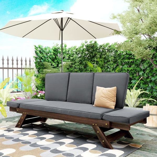 English Elm TOPMAX Outdoor Adjustable Patio Daybed Sofa with Acacia Hardwood Frame, Water-Resistant Cushions Gray SP100141AAE