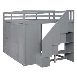 English Elm Full Size Pinewood Loft Bed with Wardrobe Staircase Storage and Open Shelving White LT000524AAE-1