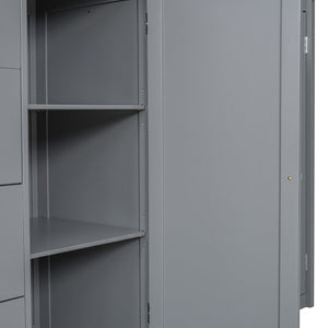 English Elm Full Size Pinewood Loft Bed with Wardrobe Staircase Storage and Open Shelving White Gray LT000524AAE
