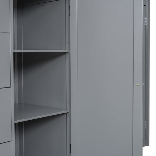 English Elm Full Size Pinewood Loft Bed with Wardrobe Staircase Storage and Open Shelving White Gray LT000524AAE