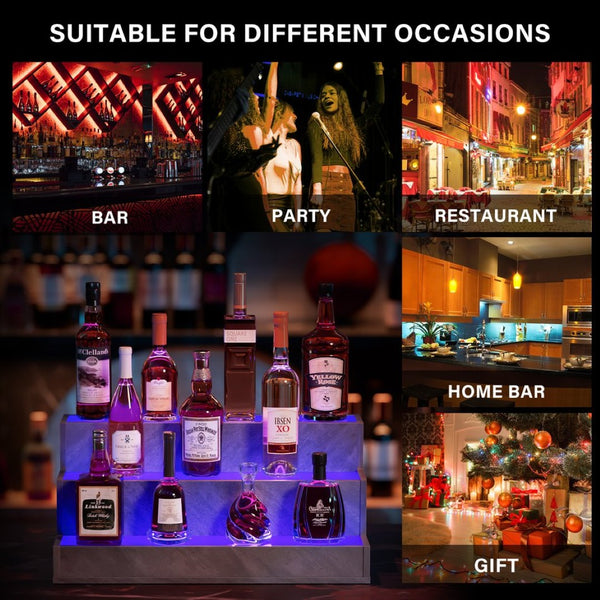 English Elm Led Illuminated Liquor Bottle Display Shelf 3 Tier Freestanding Bar Accent with App Control Grey W2178P163147