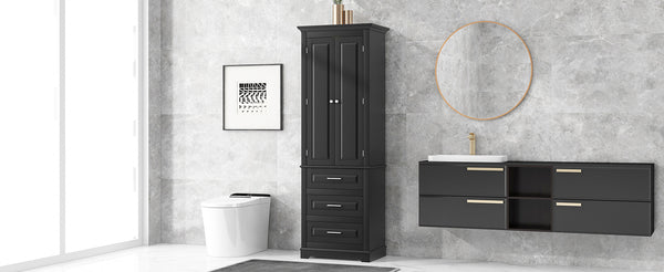 English Elm Tall Tall Storage Cabinet with Three Drawers and Doors for Bathroom or Office, Slim MDF Organizer Black WF299282AAB