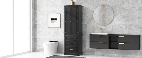 English Elm Tall Matte Black Storage Cabinet with Three Drawers and Enclosed Shelves for Home N725P333572B