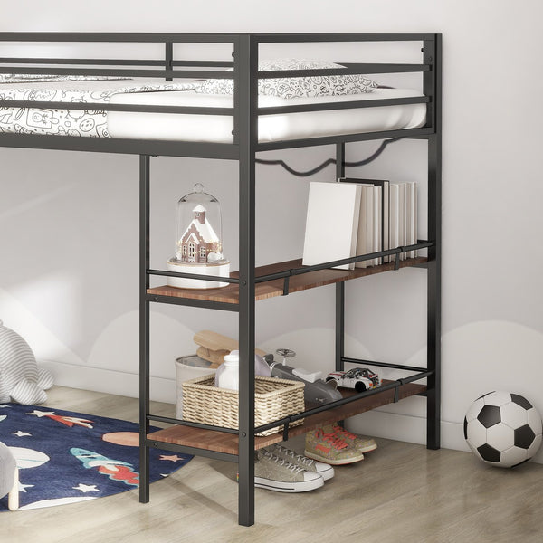 English Elm Adam Junior Twin Loft Bed In Black With Cinnamon Wood Shelf – Safe, Space-Saving Design For Kids! B083P154188