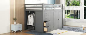 English Elm Full Size Pinewood Loft Bed with Wardrobe Staircase Storage and Open Shelving White Gray LT000524AAE