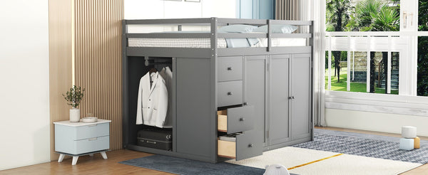 English Elm Full Size Pinewood Loft Bed with Wardrobe Staircase Storage and Open Shelving White Gray LT000524AAE