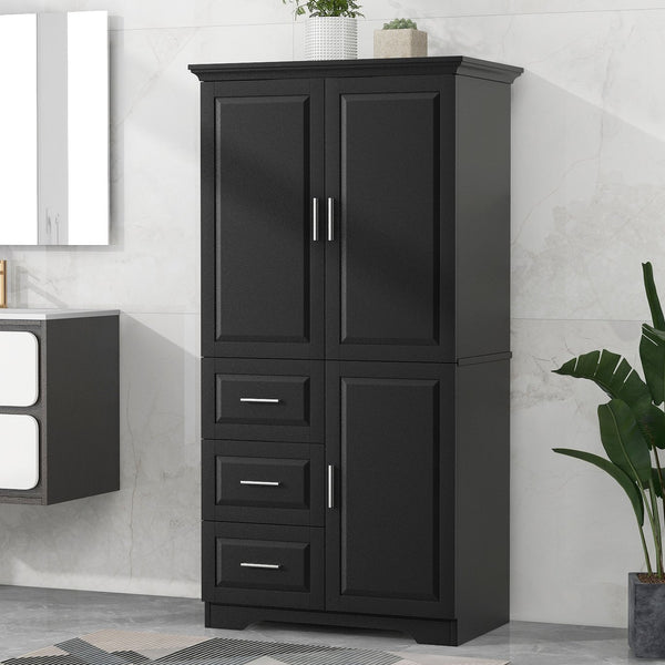 English Elm Tall Narrow Storage Cabinet with Doors and 3 Drawers – Adjustable Shelves, Anti-Tip, 45lb Capacity Black WF299285AAB