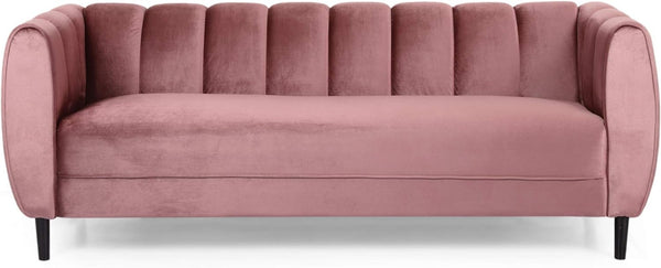 English Elm Miranda Channel Stitch Velvet Sofa Curved Shell Design for Glam Living Rooms Blush N771P371449P_N771P371450P