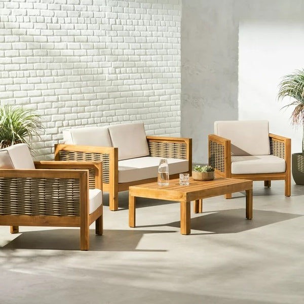 English Elm Christopher Knight Home® - Outdoor 4-Piece Acacia Wood Chat Set With Wicker Accents, Water-Resistant Cushions & Teak Finish 68942.00BGE-2_70141.00BGE
