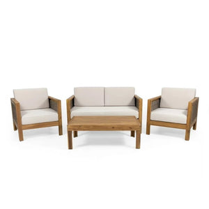 English Elm Christopher Knight Home® - Outdoor 4-Piece Acacia Wood Chat Set With Wicker Accents, Water-Resistant Cushions & Teak Finish 68942.00BGE-2_70141.00BGE
