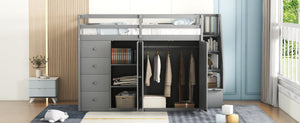 English Elm Full Size Pinewood Loft Bed with Wardrobe Staircase Storage and Open Shelving White Gray LT000524AAE