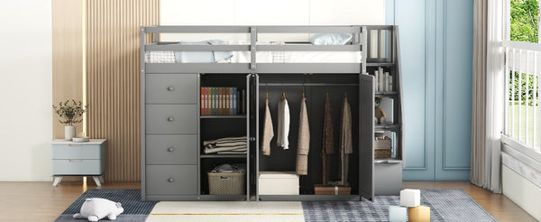English Elm Full Size Pinewood Loft Bed with Wardrobe Staircase Storage and Open Shelving White Gray LT000524AAE