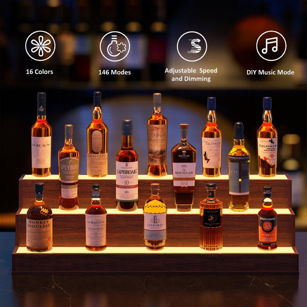 English Elm Led Illuminated 3 Tier Freestanding Bar Bottle Display Shelf with App Remote Control Walnut W2178P163235