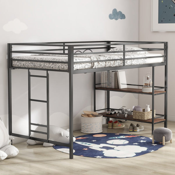 English Elm Adam Junior Twin Loft Bed In Black With Cinnamon Wood Shelf – Safe, Space-Saving Design For Kids! B083P154188