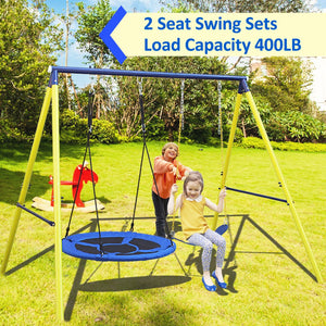 English Elm 2 in 1 Kids Outdoor Steel A-frame Backyard Swing Set with Saucer and Belt Seats W1408P163242