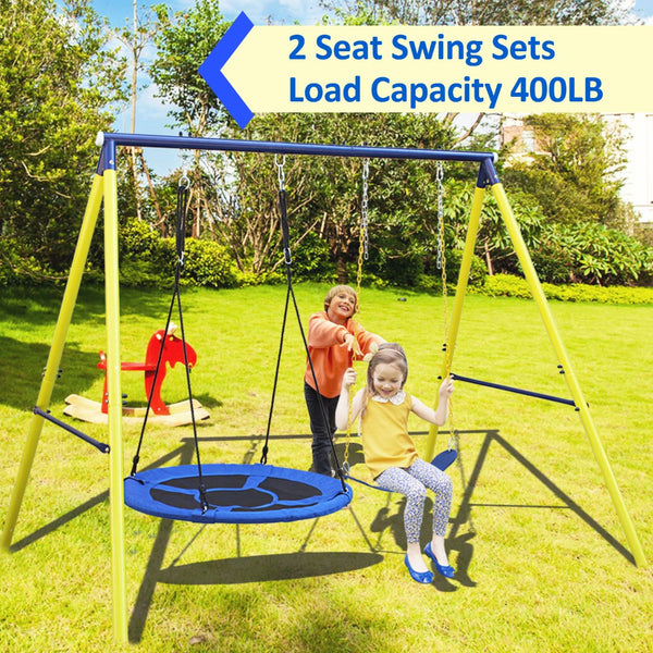 English Elm 2 in 1 Kids Outdoor Steel A-frame Backyard Swing Set with Saucer and Belt Seats W1408P163242