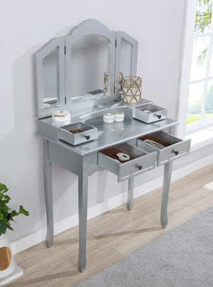 English Elm Sanlo Wooden Vanity Make Up Table and Stool Set, Silver