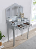 Silver Wooden Vanity Set with Mirror & Stool - Durable Build, Ample Storage Space