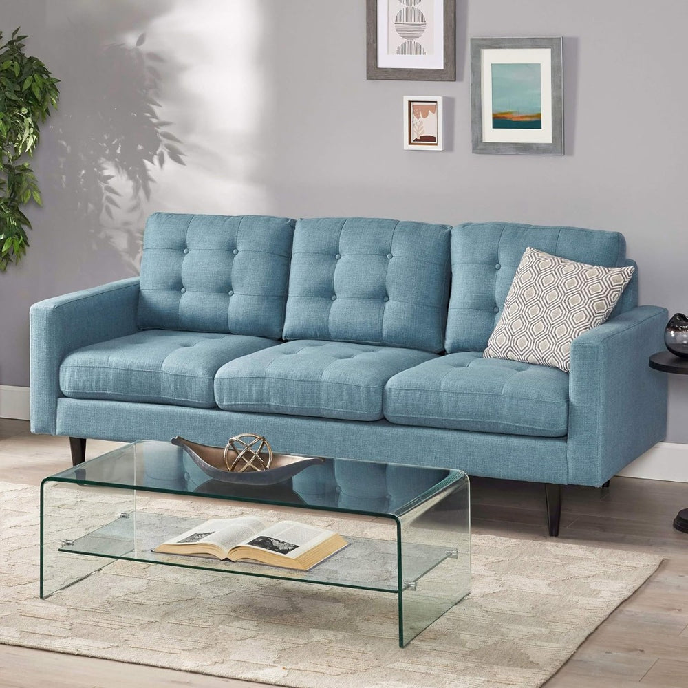 English Elm Jenny Button Tufted Waffle Stitch Fabric Sofa with Tapered Rubberwood Legs for Living Rooms 66890.00ABLU_66890.00BBLU