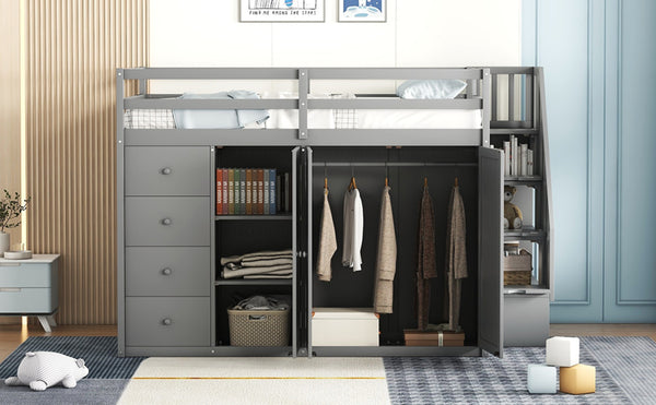 English Elm Full Size Pinewood Loft Bed with Wardrobe Staircase Storage and Open Shelving White Gray LT000524AAE