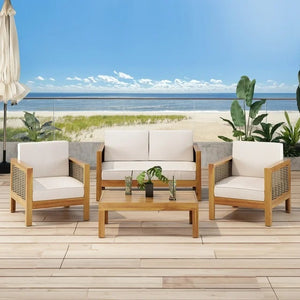 English Elm Christopher Knight Home® - Outdoor 4-Piece Acacia Wood Chat Set With Wicker Accents, Water-Resistant Cushions & Teak Finish 68942.00BGE-2_70141.00BGE