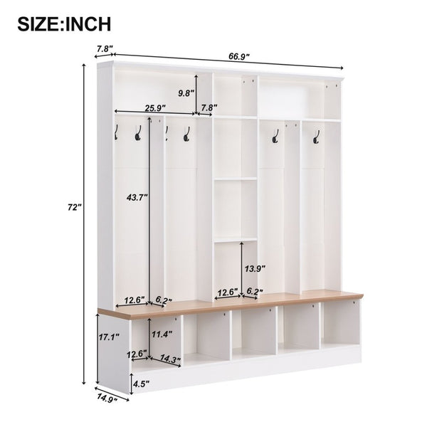 English Elm On-trend Wide White Hall Tree with Bench Seating Cube Shelves and 8 Coat Hooks N721S000066K