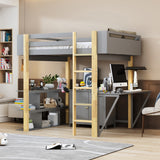 Hearth and Haven Full Size Wood Loft Bed with Built-In Storage Cabinet and Cubes, Foldable Desk LT000712AAE