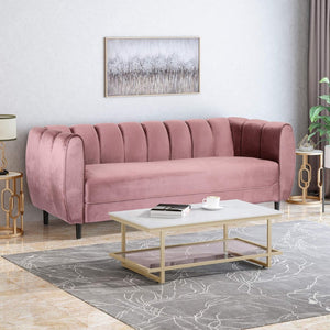 English Elm Miranda Channel Stitch Velvet Sofa Glam Living Room Seating with Tapered Birch Legs Blush 68604.00ABLSH_68604.00BBLSH