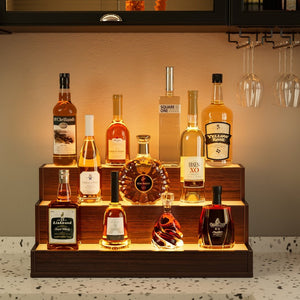English Elm Led Illuminated Liquor Bottle Display Shelf 3 Tier Freestanding Bar Accent with App Control Walnut W2178P163149