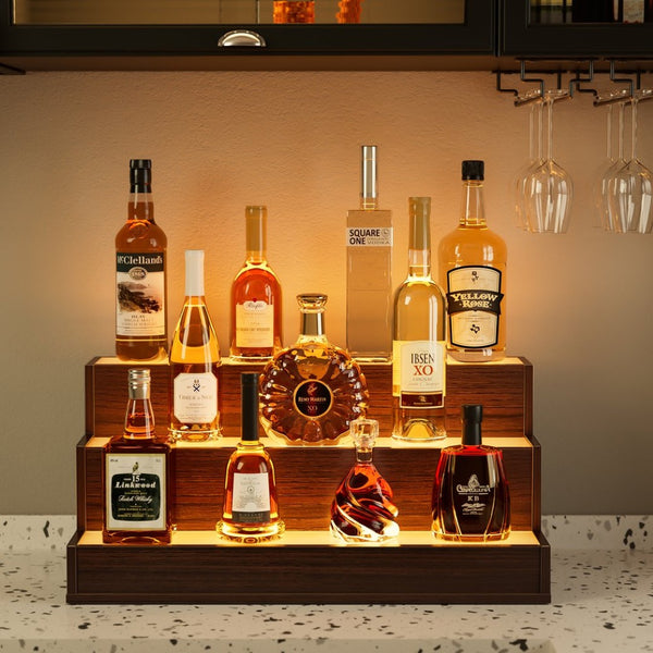 English Elm Led Illuminated Liquor Bottle Display Shelf 3 Tier Freestanding Bar Accent with App Control Walnut W2178P163149