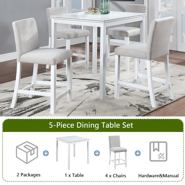 English Elm 5 Piece Counter Height Table Set - Elegant Square Dining Table With Crystal Edges & 4 Plush Chairs W1998S00040
