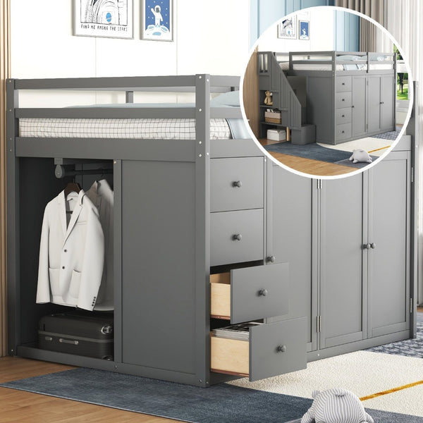 English Elm Full Size Pinewood Loft Bed with Wardrobe Staircase Storage and Open Shelving White Gray LT000524AAE