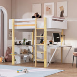 Hearth and Haven Full Size Wood Loft Bed with Built-In Storage Cabinet and Cubes, Foldable Desk LT000712AAK